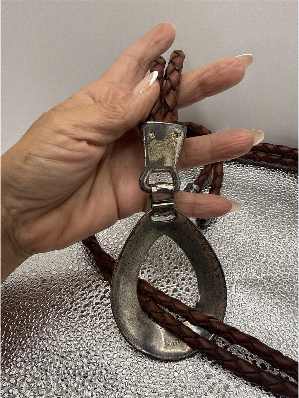 Vintage 1994 Braided Leather Belt Brown Silver Western Boho Teardrop Buckle